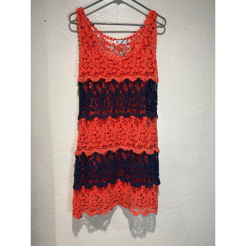 Solitaire Ravi Khosla Womens Orange Navy Blue Floral Crochet Lace Shift Dress M